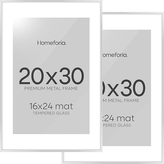Homeforia Poster Frame Silver 20x30, High End Metal 20 x 30 Picture Frame with Mat 16 x 24 for Photo, 20x30 Silver Frames Matted to 16x24 Print, 30x20 Hanging Frame, Tempered Glass, Wall Kit, Set of 2
