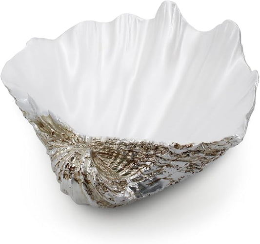Resin Seashell Decorative Bowl Large Clam Shell Storage Bowl for Coffee Table Centerpiece Home Kitchen Entryway Table Decor Beach Themed Wedding Party Decoration (Silver-Pearl White)