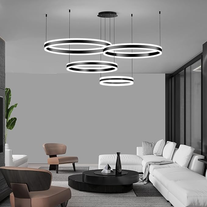 Modern LED Chandelier Light, 4 Ring Black Pendant Lighting Fixture, Adjustable Hanging Ceiling Lamp for Dining Room, Kitchen Island, Entryway, Living Room, Dimmable Dining Lights Over Table