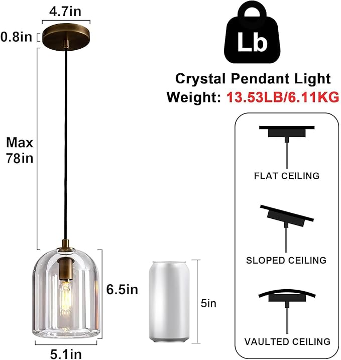 Brass Pendant Light Fixtures, Crystal Modern Pendant Lights, Indoor Pendant Light for Kitchen Island Dining Room Living Room Bedroom Bathroom, E12 Bulb Included