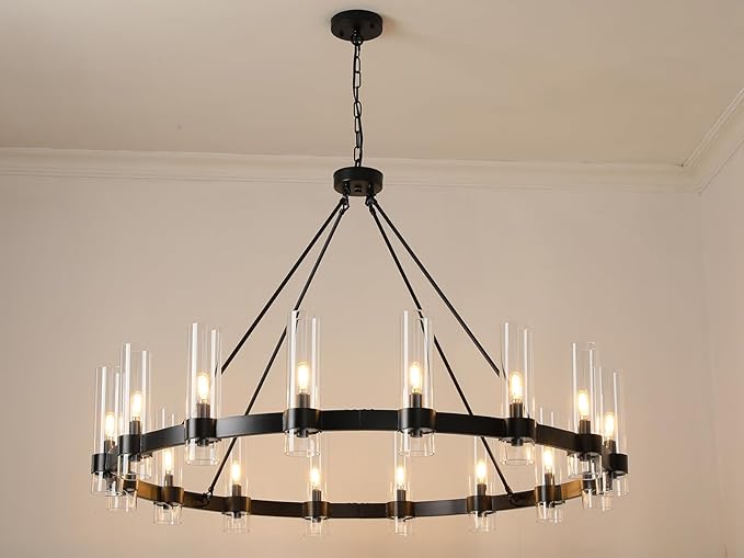 48 Inch Black Chandelier, Wagon Wheel Chandelier with Glass Shade, 16-Lights Large Round Modern Farmhouse High Ceiling Pendant Lighting Fixture for Dining Room, Living Room, Kitchen, Foyer