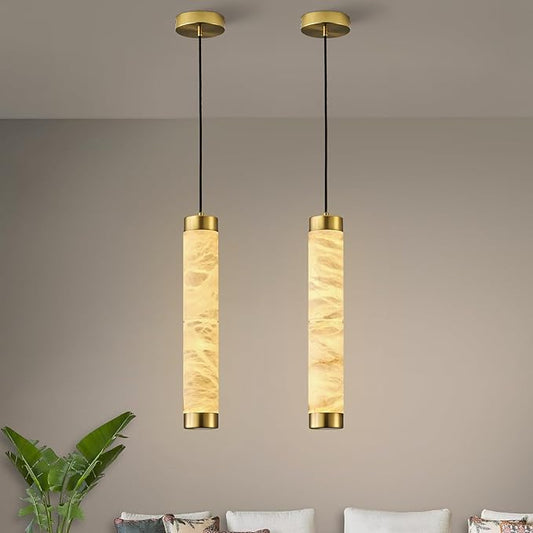 20" Alabaster Pendant Lights, 2PCS Natural Marble Cylinder Brass Pendant Light, Adjustable Modern Ceiling Light Fixtures for Kitchen Island, Dining Room, Bedroom, Living Room, Bathroom