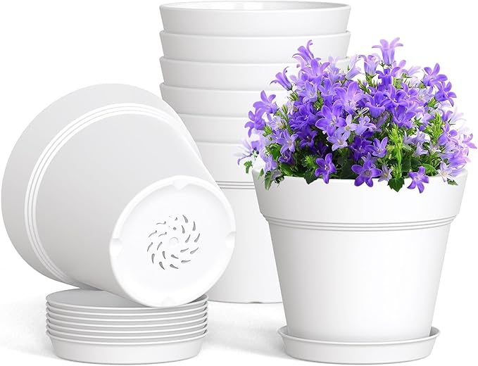 4 Inch Plastic Plant Pots with Drainage Holes and Trays – 8 Pack Small Nursery Pots for Indoor & Outdoor House Plants and Flowers, Seedling Starter Planters, White