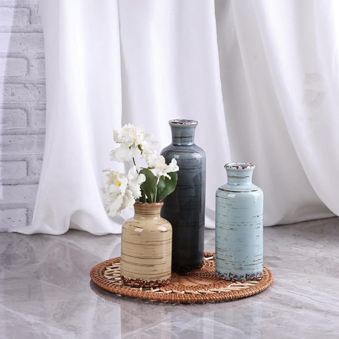 Ceramic Vase Set of 3 – Small Flower Vases, Modern Farmhouse Boho Flower Vases for Home Decor, Rustic Pottery Vases for Centerpieces, Living Room, Shelf, Fireplace, Entryway Decor, Table or Cabinet