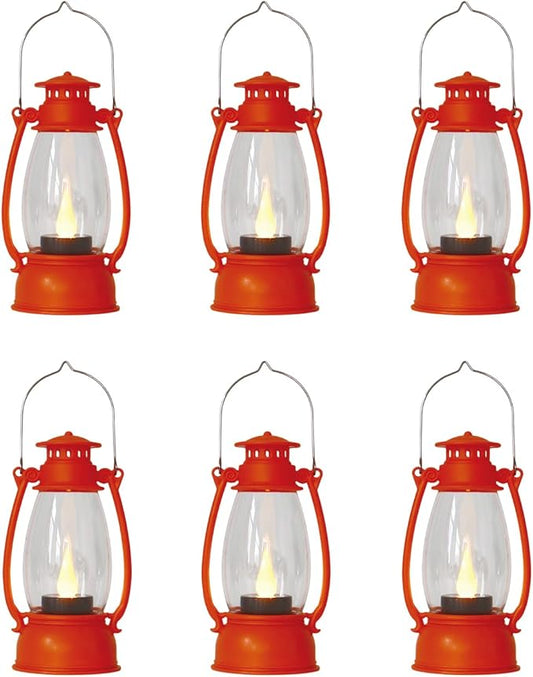12-Pcs Orange Mini Lanterns Decorative for Halloween Thanksgiving, Fall Centerpiece for Table, Small Western Lantern with Flicker LED Candle for Cowboy Camping Christmas Wedding Decorations