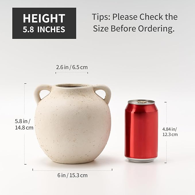 Ceramic Vase, 5.8 Inch Terracotta Vase with Handles, Boho Decor Decorative Vase, Rustic Vase for Home Decor, Farmhouse, Living Room, Table - Beige