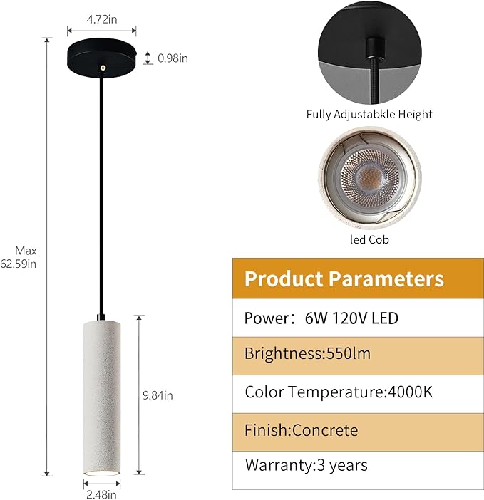 Modern LED Concrete Pendant Light Kitchen Islandceiling Light Fixture Pendant Lighting for Dining Room Coffee Club Resturant Bar Living Room(1-Pack)