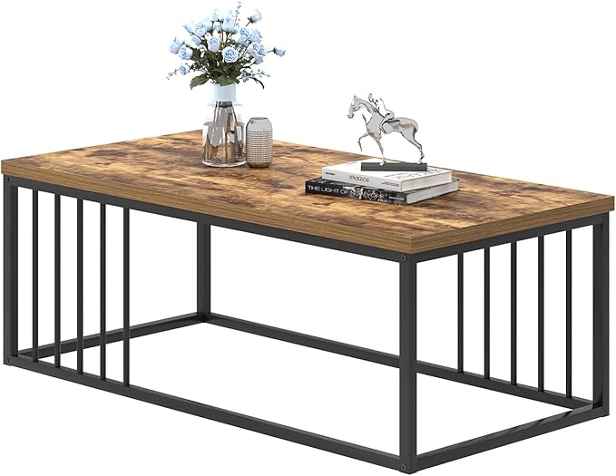 FOLUBAN Coffee Table, Modern Wood and Metal Living Room Table, Industrial Rectangle Cocktail Tea Table, Rustic Brown, 43.3 Inch