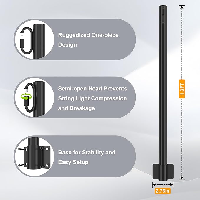 Suchtale 4 Pack 1.3 FT String Light Poles, Suspension Outdoor Fence Post Lights with Clip and Bracket, Outside String Lights Hanging, Wall Mounting Stand for Patio Garden Backyard Wedding Party, Black