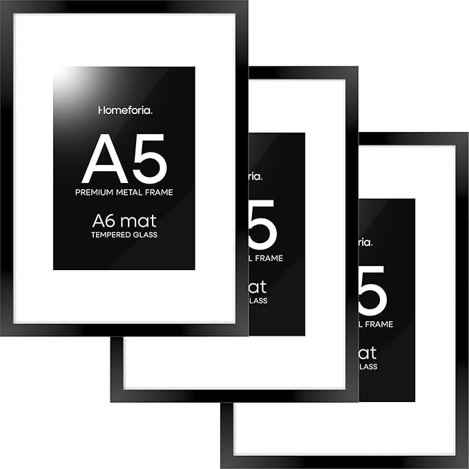 Homeforia A5 Picture Frame Black, High End Metal 5.8x8.3 Frames Matted to 4.1x5.8 Print, A5 Photo Frame with Mat A6, 5.8 x 8.3 Poster Frame, 8.3x5.8 Display Frames, Tempered Glass, Wall Kit, Set of 3