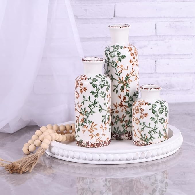 Farmhouse Vase for Home Decor, Ceramic vase Set of 3. Vintage Flower Vase Suitable for Home Decor, Living Room, Shelf Decor, Dining Table Decor (Green and Orange)