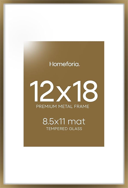 Homeforia 12x18 Bronze Picture Frame, High End Metal 12x18 Brass Poster Frames with Mat 8.5x11 Photo, 12 x 18 Frame Matted to 8.5 by 11 inch Print, 18x12 Thin Frame, Tempered Glass, Wall Kit, Set of 1