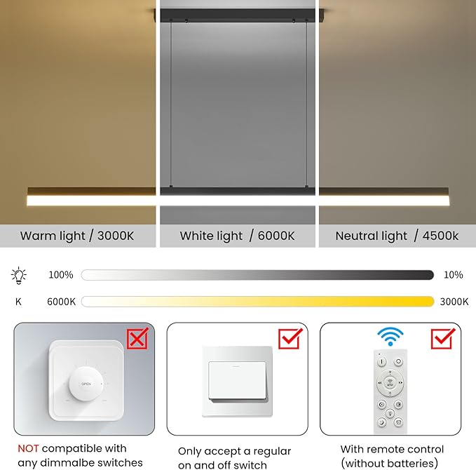 LED Linear Pendant Light Fixtures, Dimmable Island Lights for Kitchen Dining Room Office, 39.3inch Modern Pool Table Light for Billiard Room, Height Adjustable, Black