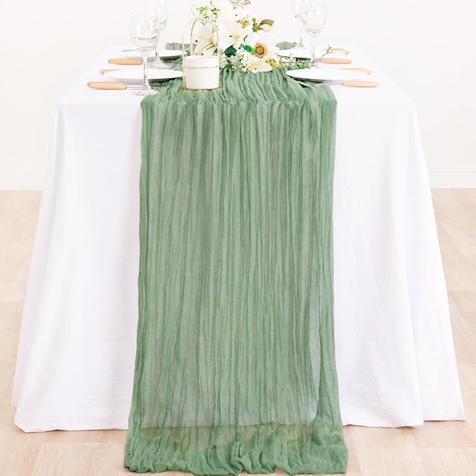 MLMC Sage Green Cheesecloth Table Runner 13.3ft Rustic Gauze Cheese Cloth Table Runner Fall Decor 35x160 Inches for Boho Wedding Bridal Shower Sheer Centerpiece Decor
