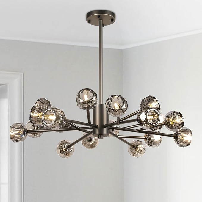 Modern Crystal Chandelier, 35.4" Black Sputnik Chandelier for Dining Room, 18 Lights Smoke Crystal Ceiling Lighting Fixture for Living Room Bedroom