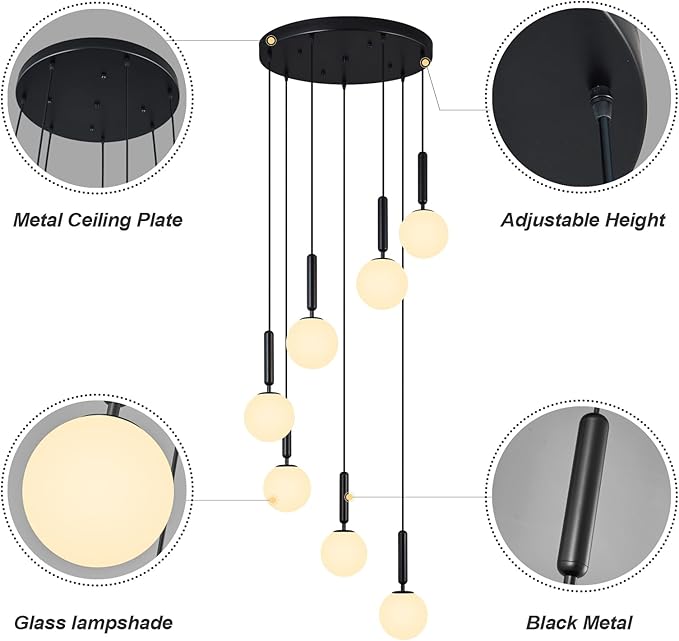 7-Lights Black Chandelier with Milk White Glass Hanging Fixture Light for Kitchen Island Mid Century Modern Globe Pendant Light for Foyer Living Room Entryway Hallway