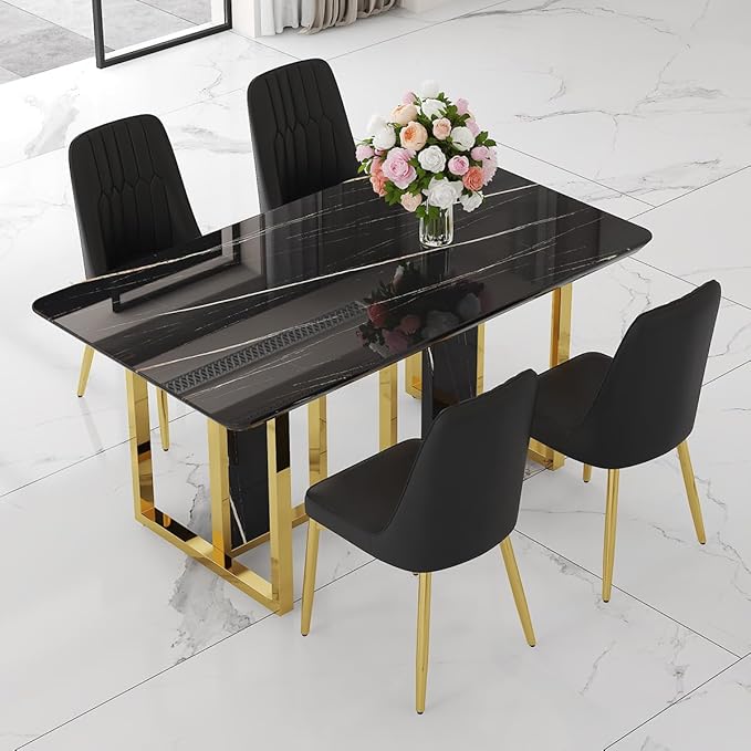 TesNus 63" Black Dining Table Set for 4 with Chairs,Modern Faux Marble Rectangular Kitchen Table and Chairs Set Luxury 5 Piece Dining Room Set with Gold Metal Legs,Easy Assemble,Stable Base
