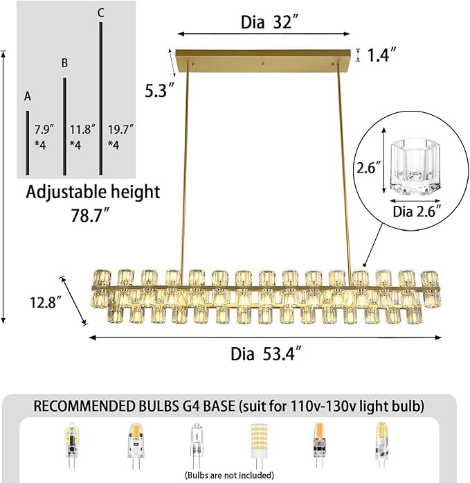 Gold Rectangular Crystal Chandelier Light Fixture 53.4 in Dining Room Chandelier Over Table Modern Farmhouse Ceiling Pendant Hanging Light Fixture for Living Room, Kitchen Island (Bulb not Included)