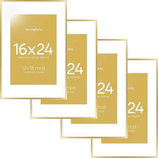 Homeforia 16 x 24 Picture Frame Gold, High End Metal 16x24 Poster Frames with Mat 12x18 Photo, 16 x 24 Gold Frame Matted to 12 by 18 Print, 24x16 Thin Hanging Frame, Tempered Glass, Wall Kit, Set of 4
