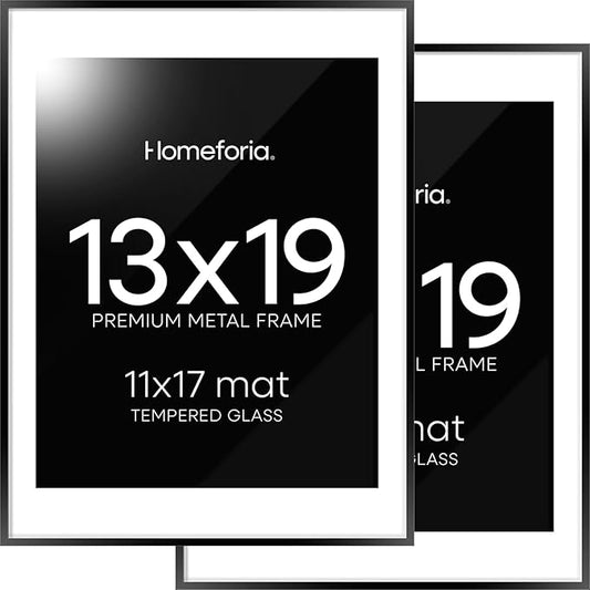Homeforia 13x19 Picture Frame Black, High End Metal 13 x 19 Poster Frames with Mat 11 x 17 for Photo, 13x19 Black Frame Matted to 11x17 inch Print, 19x13 Thin Frame, Tempered Glass, Wall Kit, Set of 2