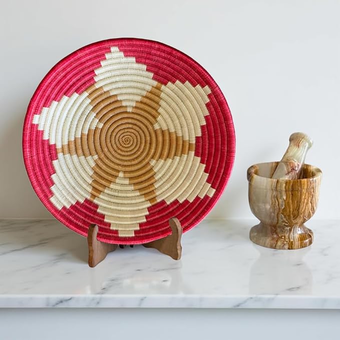 Handwoven African Basket Handmade sisal Fruit Bowl Wall Hanging decorative Baskets for Home Living Room Kitchen Centerpiece Zen Designs Arts and Crafts (Red White Tan, 12in diameter)