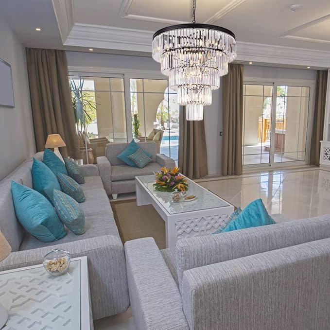 TOCHIC Large Crystal Chandelier for High Ceiling, 40 inch 7-Tier Modern Black Crystal Chandeliers Lighting Fixture, Round Light for Entryway Staircase Foyer Living Room (Black, 31.5 Inches)