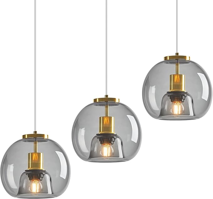 Light Grey Glass Pendant Lights Kitchen Island Gold Hanging Light Fixture Glass Globe Pendant Light Modern Pendant Lighting for Kitchen Island Bedroom Dining Room (7.87", 3 Pack)