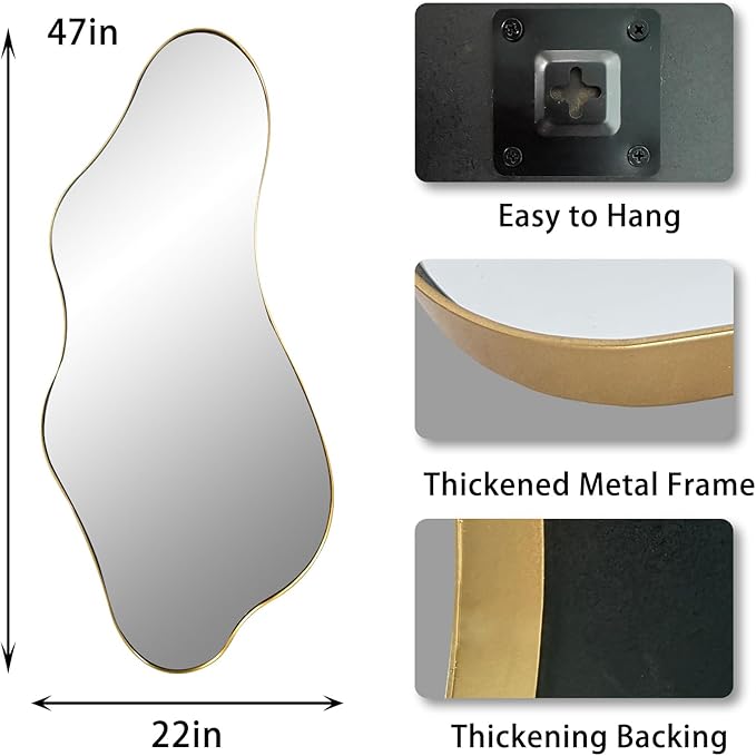 Irregular Wall Mirror, Gold Asymmetrical Mirrors, 47"x22" Wavy Shaped Mirror with Metal Frame, Modern Decorative Abstract Mirrors for Living Room Bathroom Bedroom Hallway Entryway
