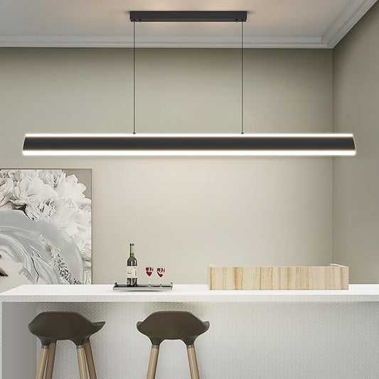 47" Linear Pendant Light Fixtures, Dimmable LED Chandeliers for Dining Room, Modern Pool Table Island Light for Kitchen Dining Room Billiard Room Office, Black, Adjustable Height