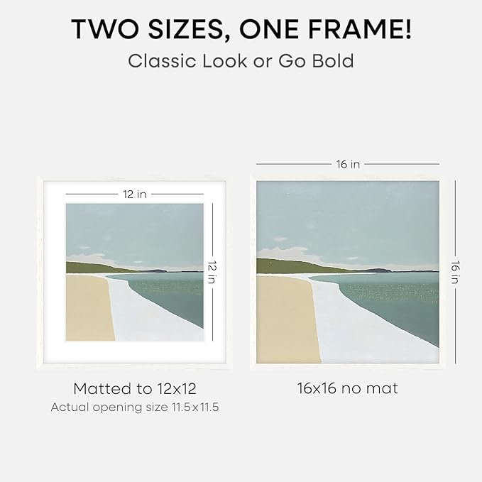 Homeforia 16x16 White Picture Frame, High End Oak 16 x 16 Square Wood Frames with Mat 12 by 12 inches Photo, 16by16 White Wooden Poster Frames Matted to 12x12 Print, Tempered Glass, Wall Kit, Set of 1