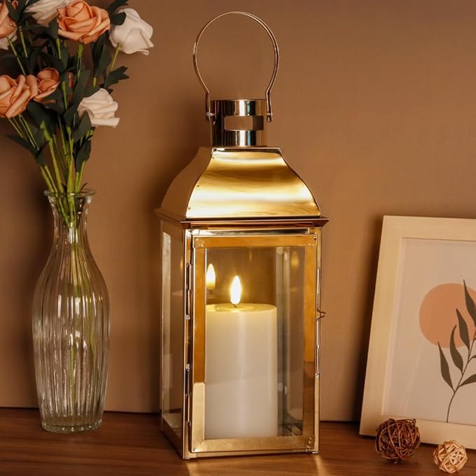 JHY DESIGN 15" H Stainless Steel Decorative Candle Lanterns with Tempered Glass Vintage Elegance for Indoor Outdoor Events Parties and Weddings(Gold)