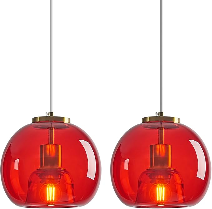 Red Glass Pendant Lights Kitchen Island Gold Hanging Light Fixture Glass Globe Pendant Light Modern Pendant Lighting for Kitchen Island Bedroom Dining Room (7.87", 2 Pack)