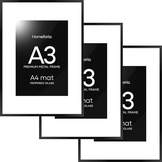 Homeforia A3 Picture Frame Black, High End Metal 11.7 x 16.5 inch Poster Frames with Mat 8.3 x 11.7 for Photo, A3 Size Frames Matted to A4 Print, 11.7x16.5 Wall Hanging Frame, Tempered Glass, Set of 3