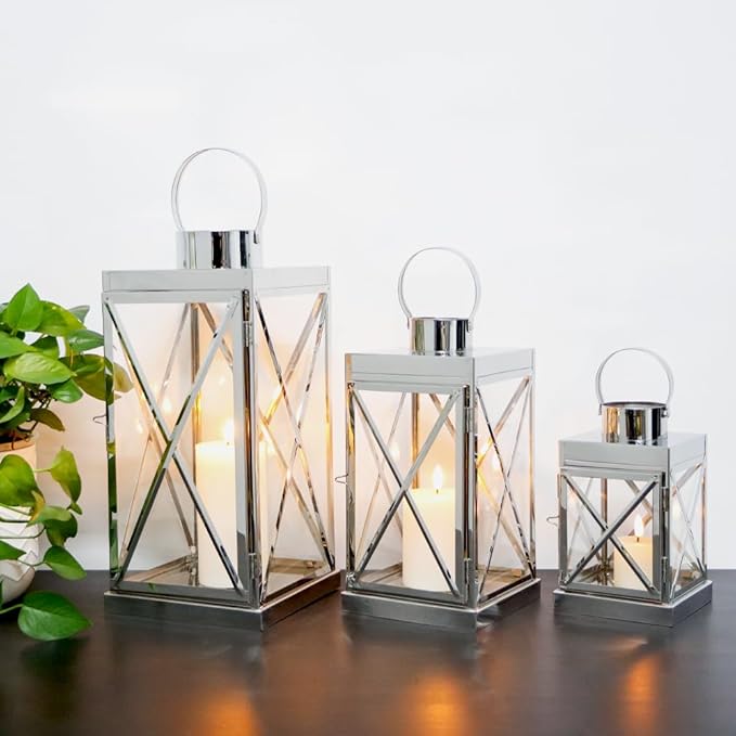 TRIROCKS Silver Stainless Steel Lantern Set of 3-Square Elegance 8/12/16 Inch Opulent Metal Candle Lanterns Candle Holder with Tempered Glass for Home Garden Indoor Outdoor Decor Celebratory Everyday