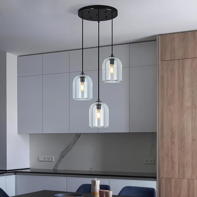 Modern Black Pendant Lights Kitchen Island Ceiling Chandelier Indoor Crystal Hanging Light Fixtures for Dining Room Kitchen Living Room Bedroom（3Light）