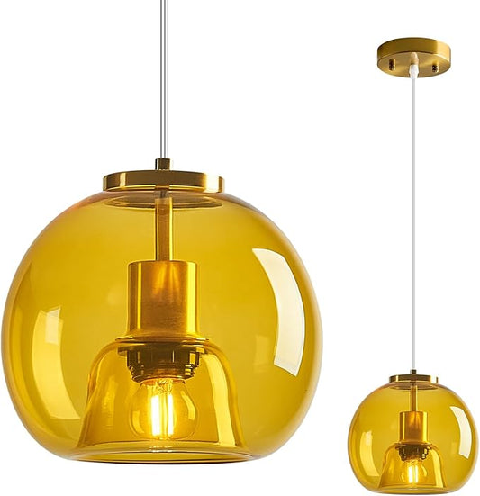 Yellow Glass Pendant Lights Kitchen Island Gold Hanging Light Fixture Glass Globe Pendant Light Modern Pendant Lighting for Kitchen Island Bedroom Dining Room (7.87", 1 Pack)