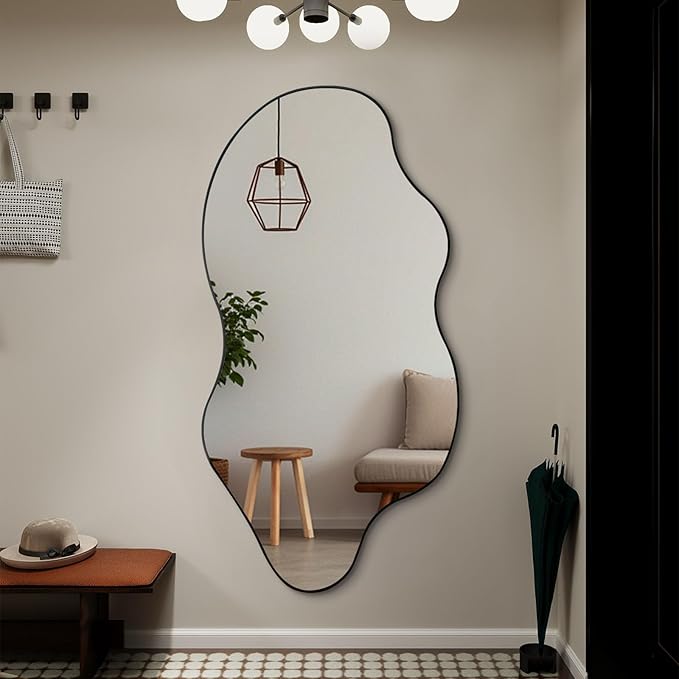 Irregular Mirror Full Length, Large Asymmetrical Wall Mirror, 59"x30" Wavy Shaped Mirrors, Modern Frameless Decorative Mirrors for Dressing Living Room Bathroom Bedroom Hallway Entryway