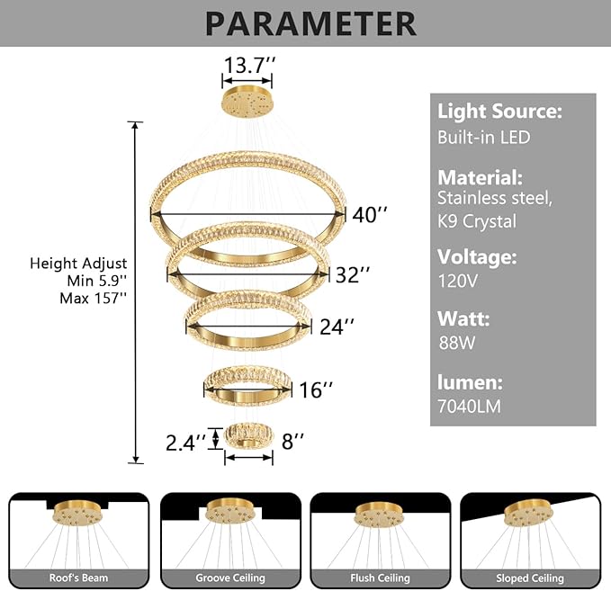 5 Ring Large Crystal Chandelier Modern LED Dimmable High Ceiling Chandelier Ring Contemporary Pendant Light Fixture for Living Room Foyer Staircase Gold D40''