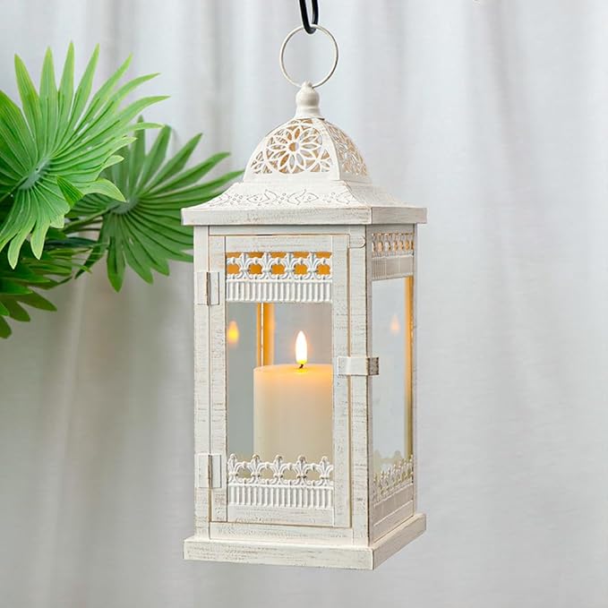 JHY DESIGN Decorative Candle Lanterns 14.5" High Vintage Style Hanging Lantern Metal Candleholder for Indoor Outdoor Events Parties and Weddings（Beige with Gold Brush）