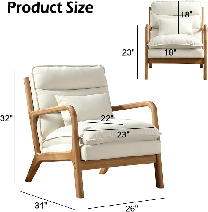 INZOY Mid Century Modern Accent Chair with Wood Frame, Upholstered Reading Armchair with Waist Cushion, Double Padded Accent Chair, Side Chair for Living Room Bedroom Office, Easy Assembly, White