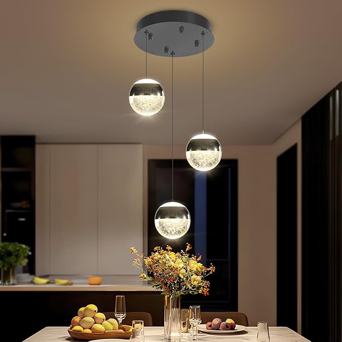 Modern Crystal Pendant Lighting Black Globe Pendant Light Fixture, Mid Century Chandelier 3-Light Hanging Fixture for Kitchen Island,Globe Chandeliers for Dinning Room Bedroom