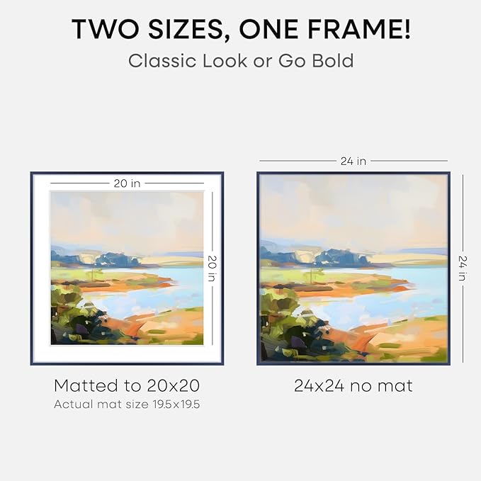 Homeforia 24x24 Picture Frame Navy Blue, High End Metal 24 x 24 Large Square Poster Frame with Mat 20 by 20 inch Photo, 24by24 Thin Frames Matted to 20x20 for Print, Tempered Glass, Wall Kit, Set of 1
