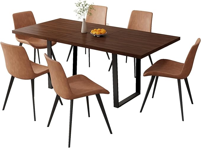 ZckyCine 63"-79" Modern Dining Table Set for 6-8 People Kitchen Dining Room Table Set Extendable Wood Dining Table and 6 Upholstered Chairs, Home Kitchen Furniture
