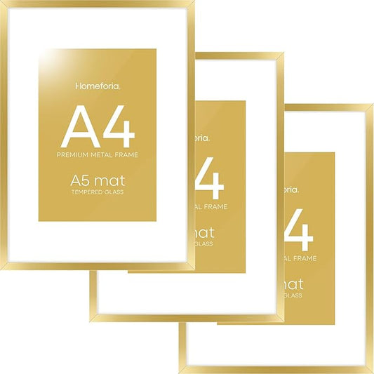 Homeforia A4 Gold Picture Frame, High End Metal 8.3 x 11.7 Frames for Wall or Tabletop, Gold A4 Certificate Frame with Mat A5, 8.3x11.7 Frames Matted to 5.8x8.3 Art, Tempered Glass, Wall Kit, Set of 3