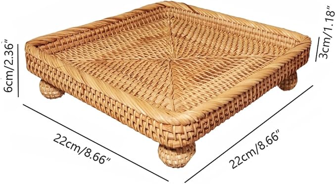 i-lan 9" Square Rattan Decorative Riser for Display,Small Items Serving Basket Vanity Tray - Square Woven Bread, Fruit, Keys Bowl Pedestal Stand,Flat Wicker Decorative Snack Trays for Candy Dish