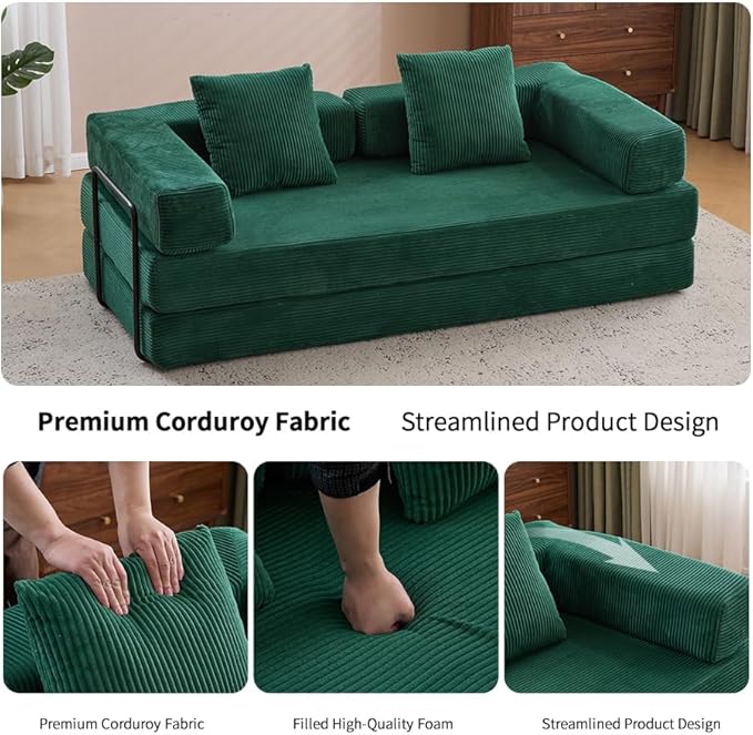 Convertible Folding Mattress Couch, Floor Sofa Bed with Fixed-Shape Frame, Corduroy Floor Sofa with Armrest, Floor Sofa Lounge Couch for Living Room Bedroom Lounge Studio-Emerald Green