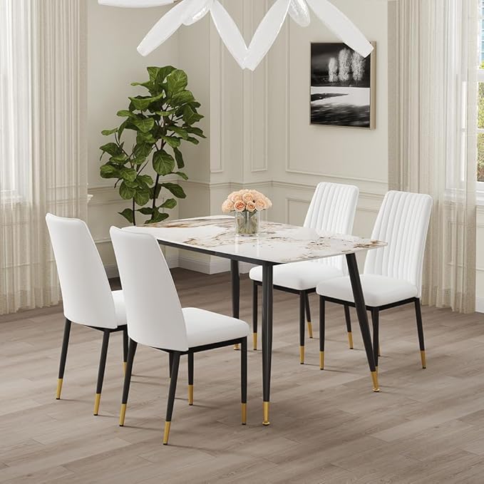 5 Pieces Modern Sintered Stone Dining Table Set 50" Rectangular Faux Marble Tabletop Kitchen Table with 4 PU Leather Chair Dinner Table Set(1Faux Marble Table+4 Cream White Chairs)