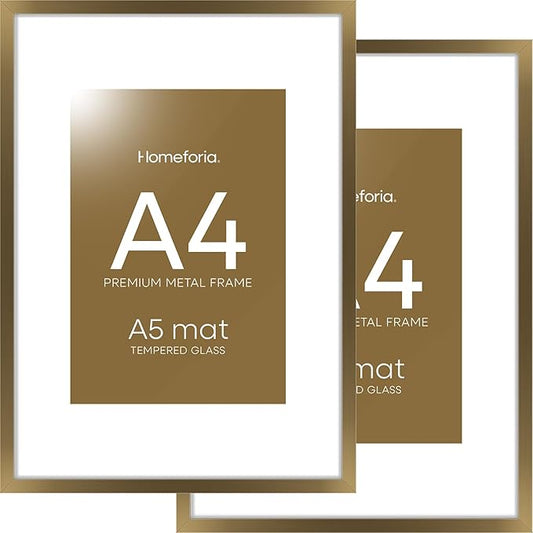 Homeforia A4 Picture Frame Bronze, High End Metal 8.3 x 11.7 inch Brass Poster Frames with Mat 5.8 by 8.3 Print, A4 Frames Matted to A5 Photo, 8.3x11.7 Wall or Tabletop Frame, Tempered Glass, Set of 2