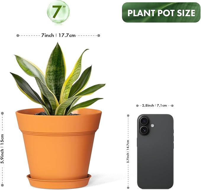 7 Inch Thick Plastic Plant Pots with Drainage Holes and Trays – 6 Pack Nursery Pots for Indoor & Outdoor House Plants, Seedling Starter Planters for Garden Flowers, Terracotta