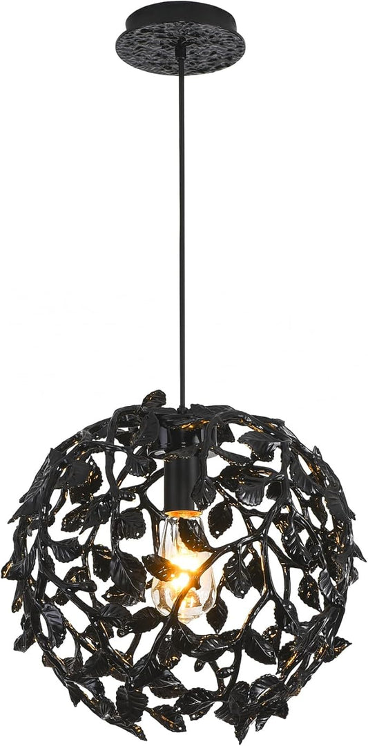 Black Round Tree Branch Pendant Lights Kitchen Islands, 13.8" Modern Farmhouse Adjustable Hanging Light Fixtures, Matte Black Metal Spherical Leaf Pendant Lighting for Dinning Room Bedside Hallway